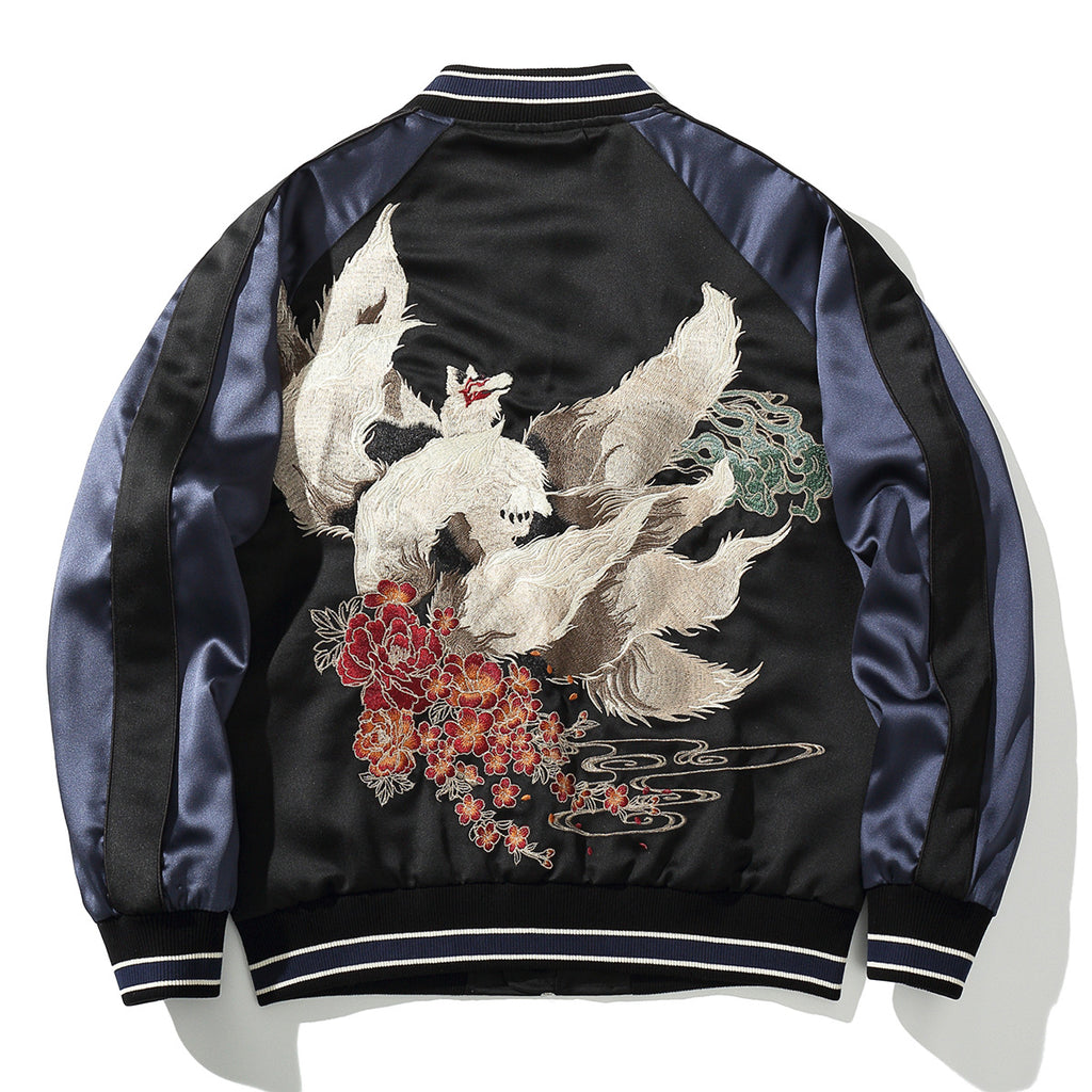 Heavy Duty Embroidered Nine Tailed Fox Mens Casual Baseball Jacket