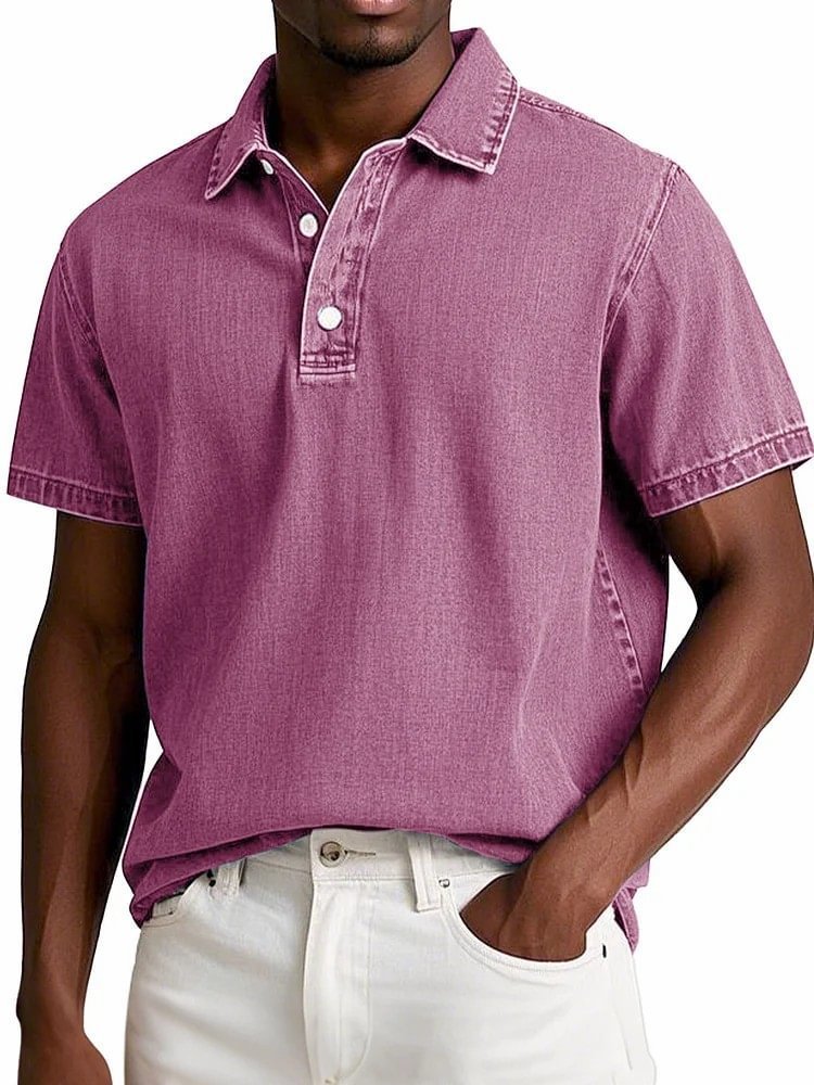 Stylish Solid-color Vintage Short-sleeve Lapel Polo Shirt For Men Summer Casual Business T-shirt
