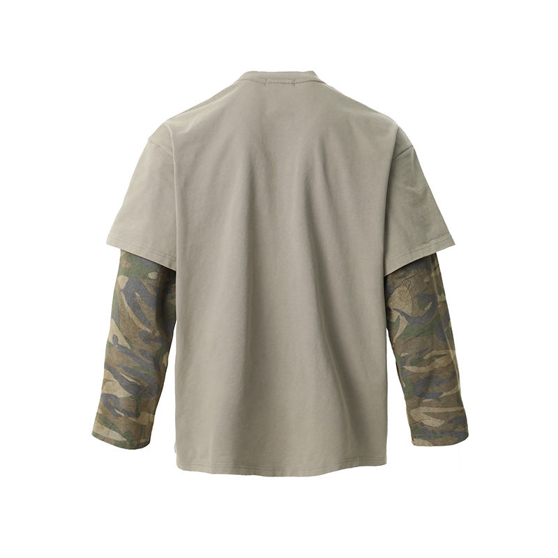 Retro Camouflage Faux Two-piece Long Sleeve T-shirt Top