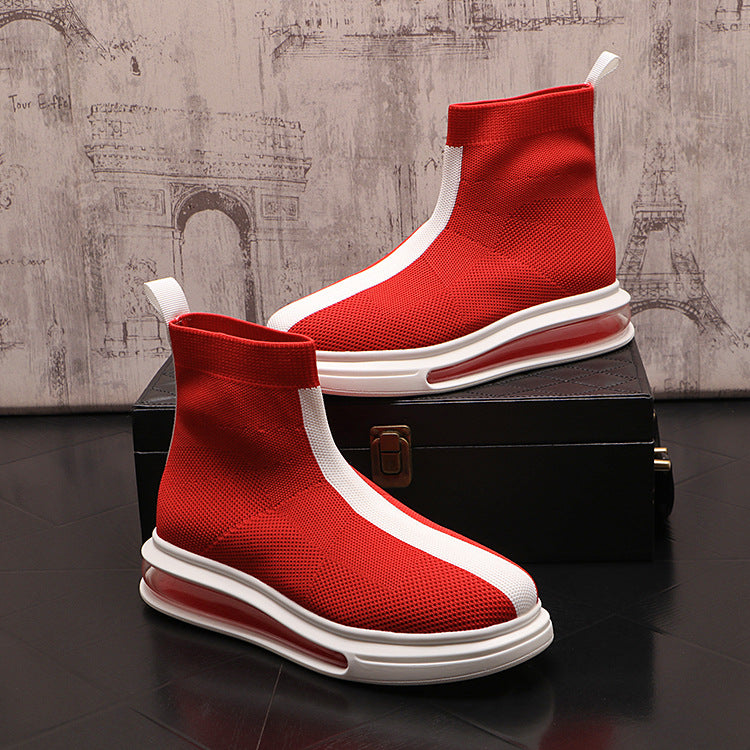 Knitted Men's White Shoes With Thick Soles