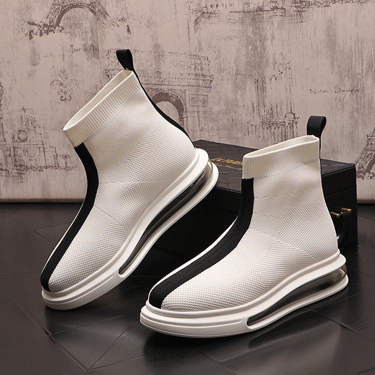 Knitted Men's White Shoes With Thick Soles