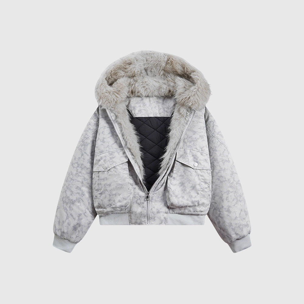 Lapel-hooded Loose-fitting Casual Quilted Coat With A Fur Collar