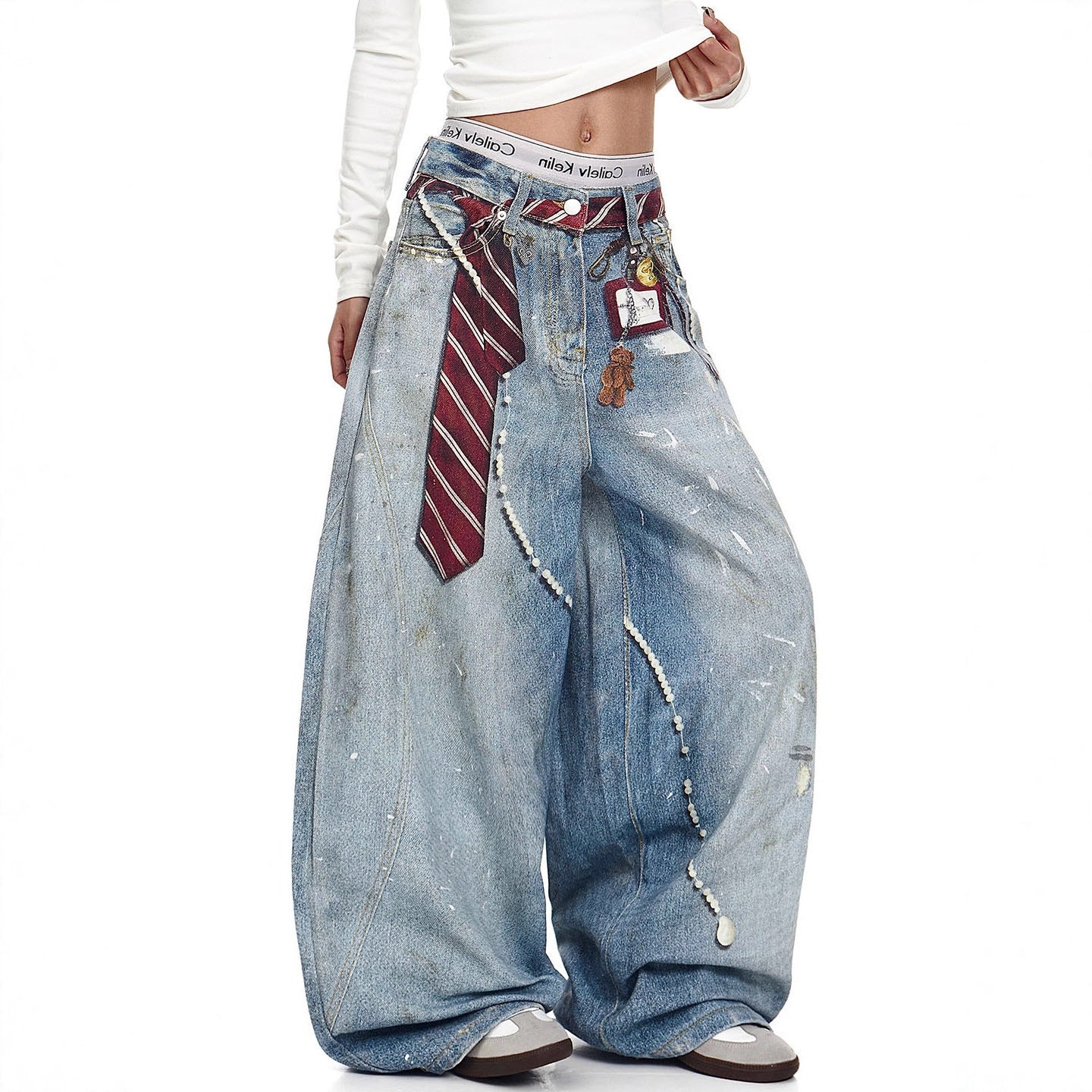 Mens Loose Casual Retro Tie-Dye Print Bootcut Jeans