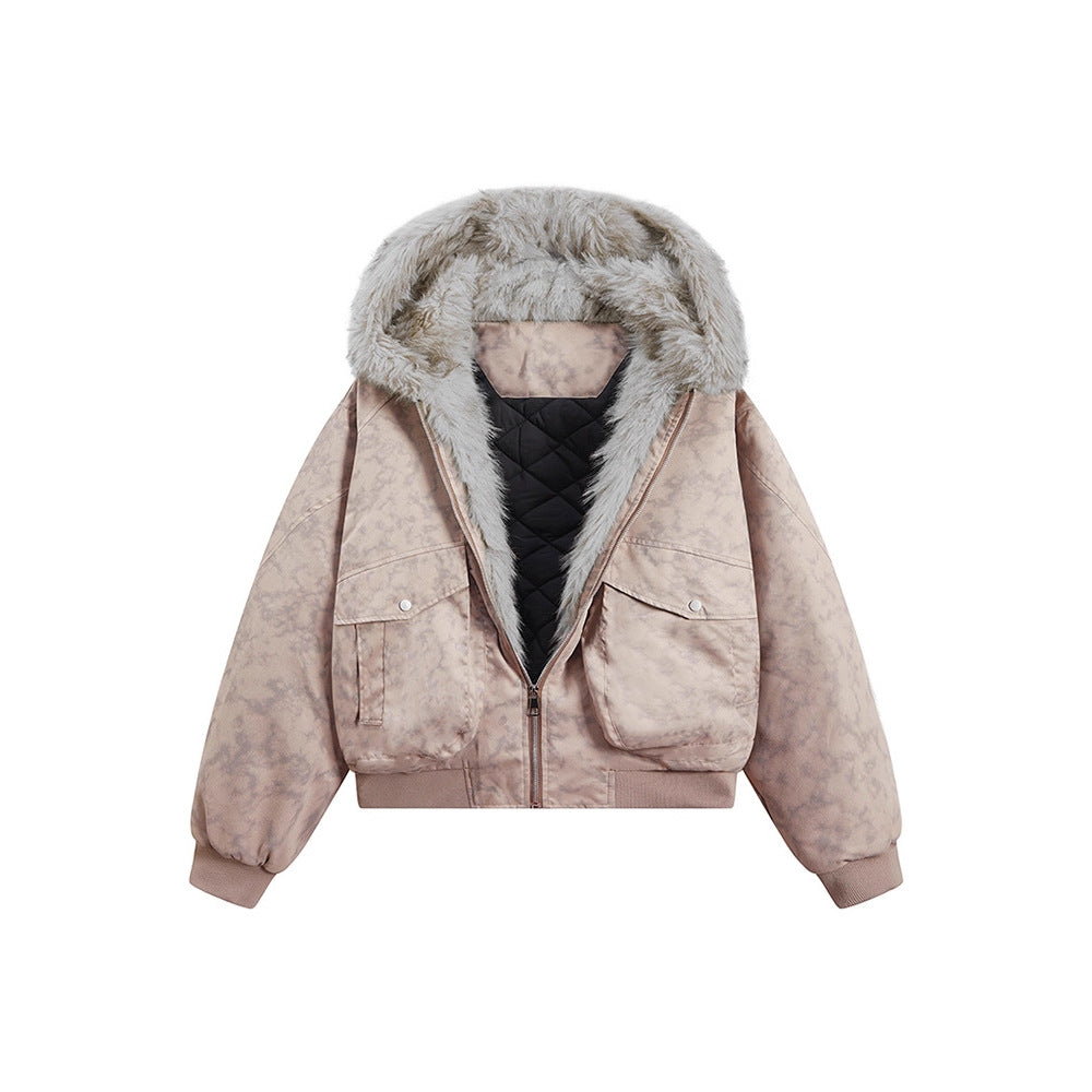 Lapel-hooded Loose-fitting Casual Quilted Coat With A Fur Collar