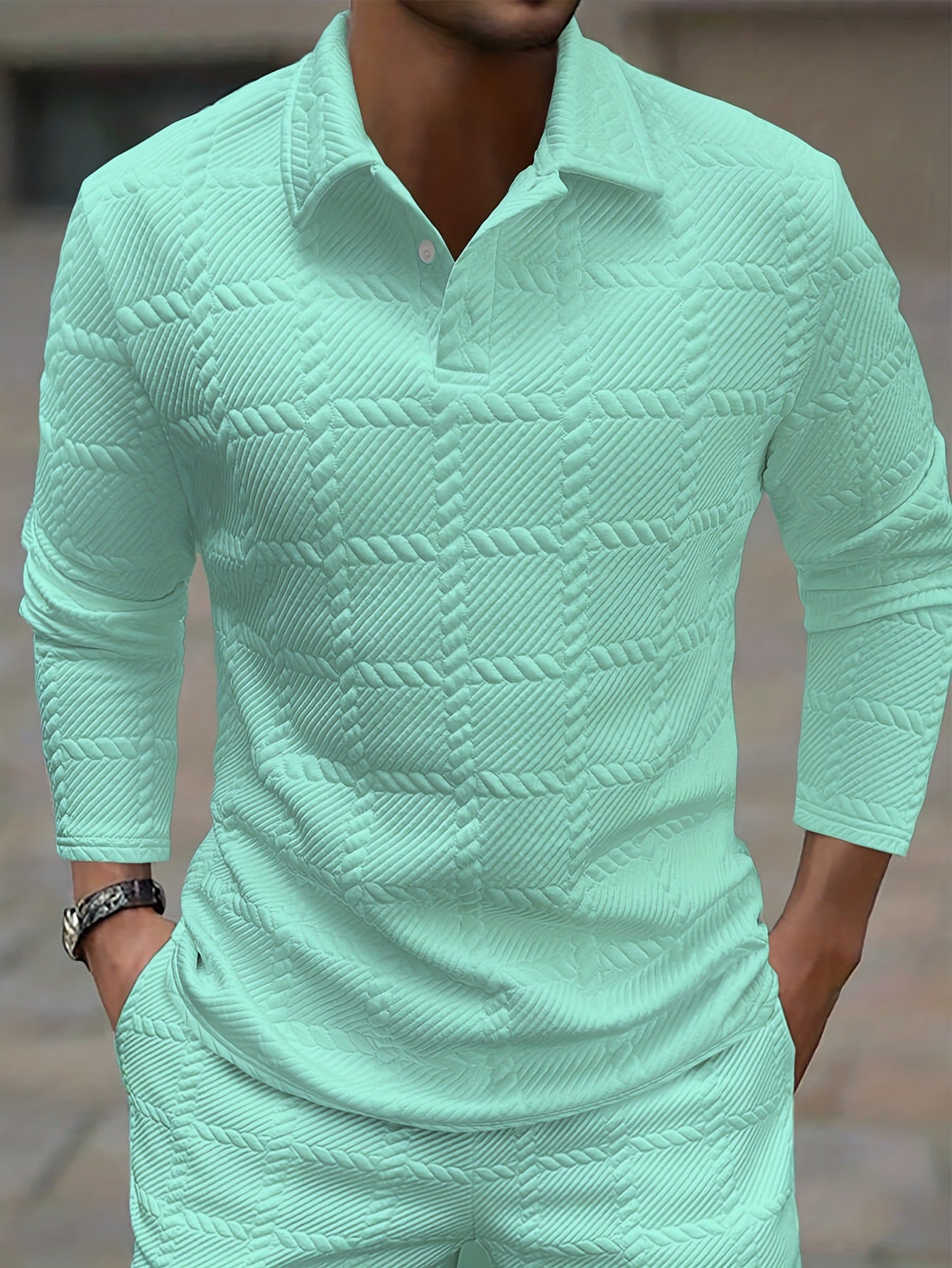 Mens Solid-Color Lapel Front-Button Long-Sleeve Polo Shirt