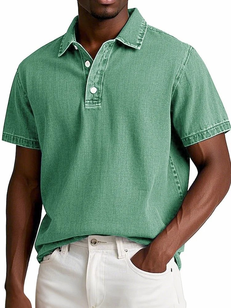 Stylish Solid-color Vintage Short-sleeve Lapel Polo Shirt For Men Summer Casual Business T-shirt