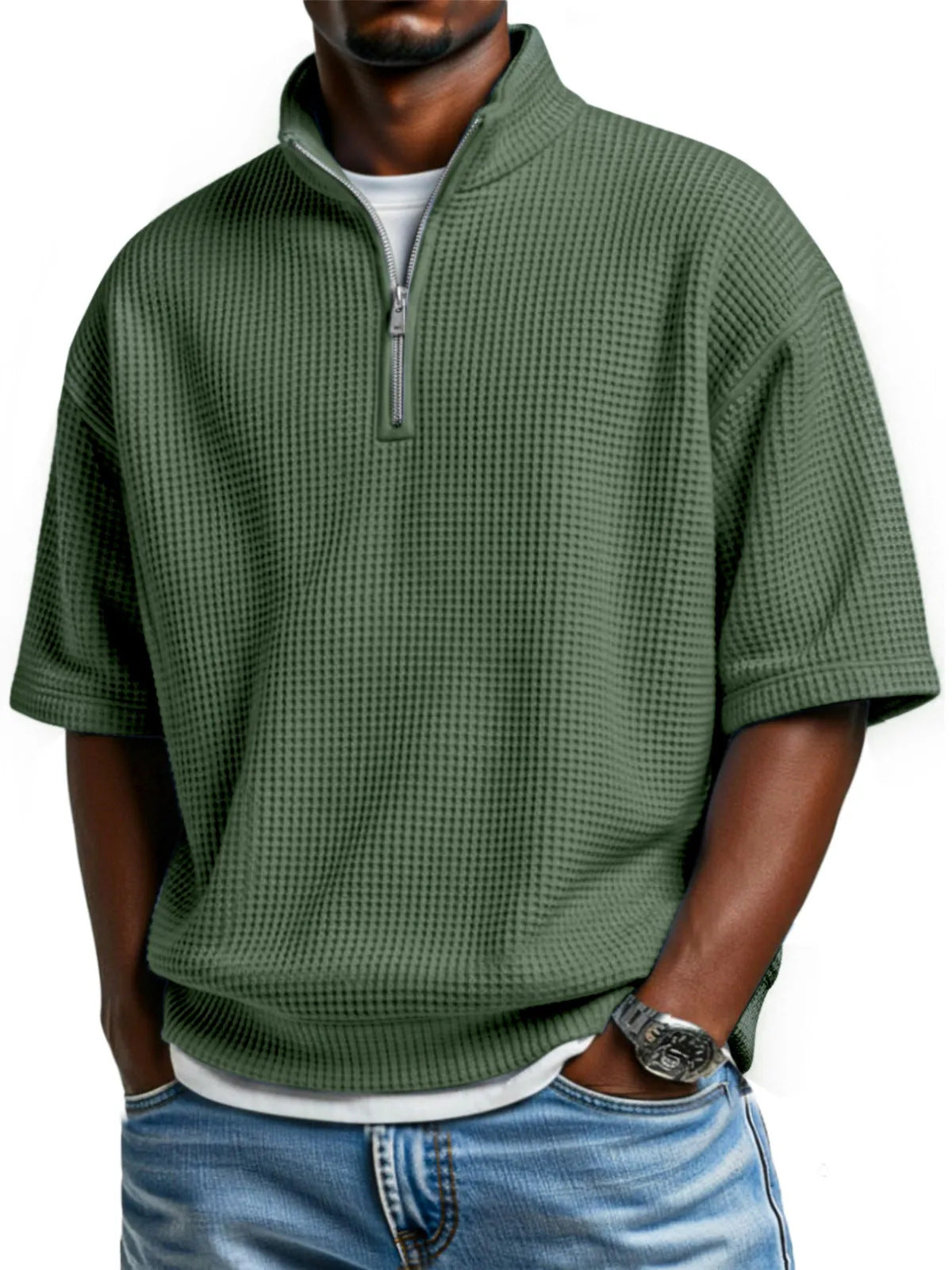 Waffle-knit Short-sleeve Polo Shirt For Men Loose-fitting Half-zip T-shirt