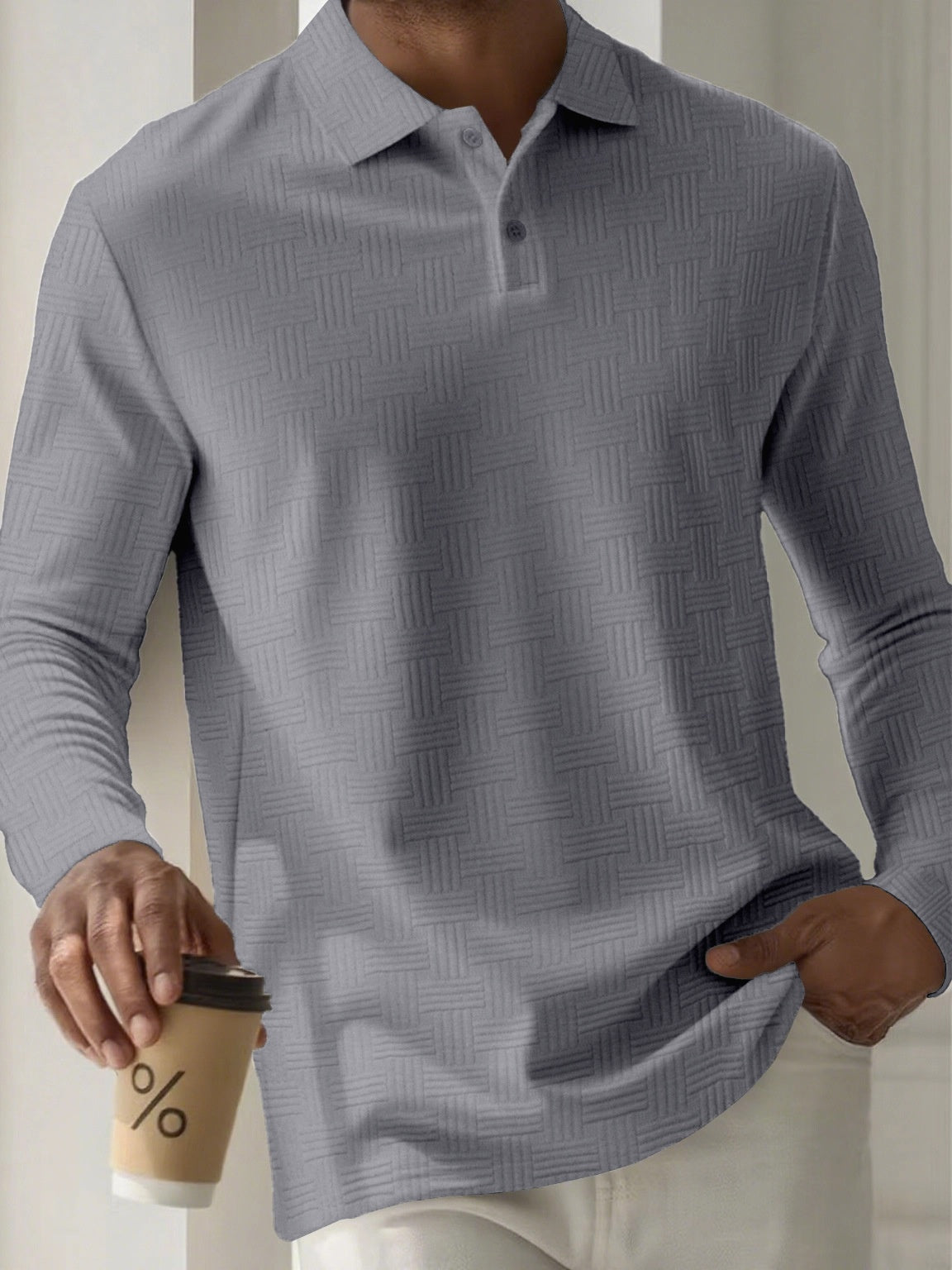 Mens Casual Short-sleeve Textured Polo Shirt Top