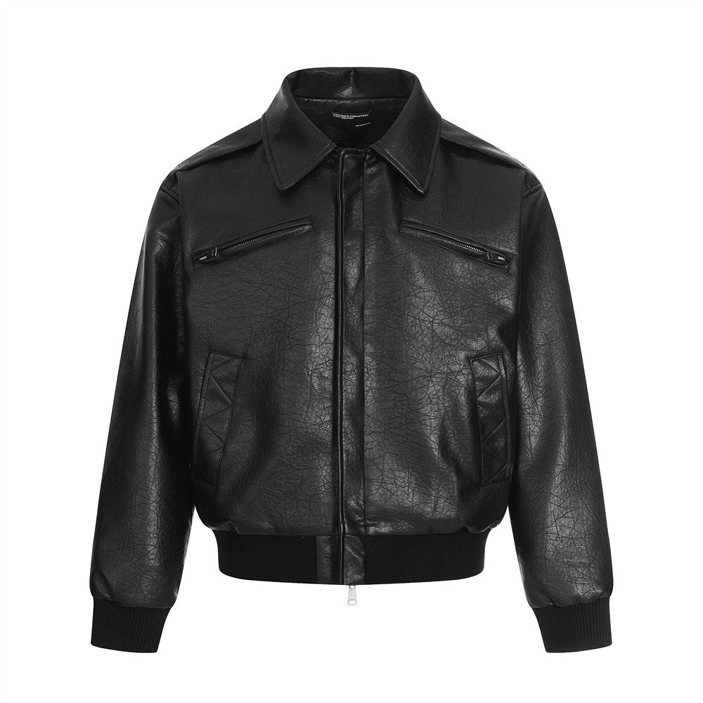 Outdoor Casual Solid-color Lapel Leather Jacket