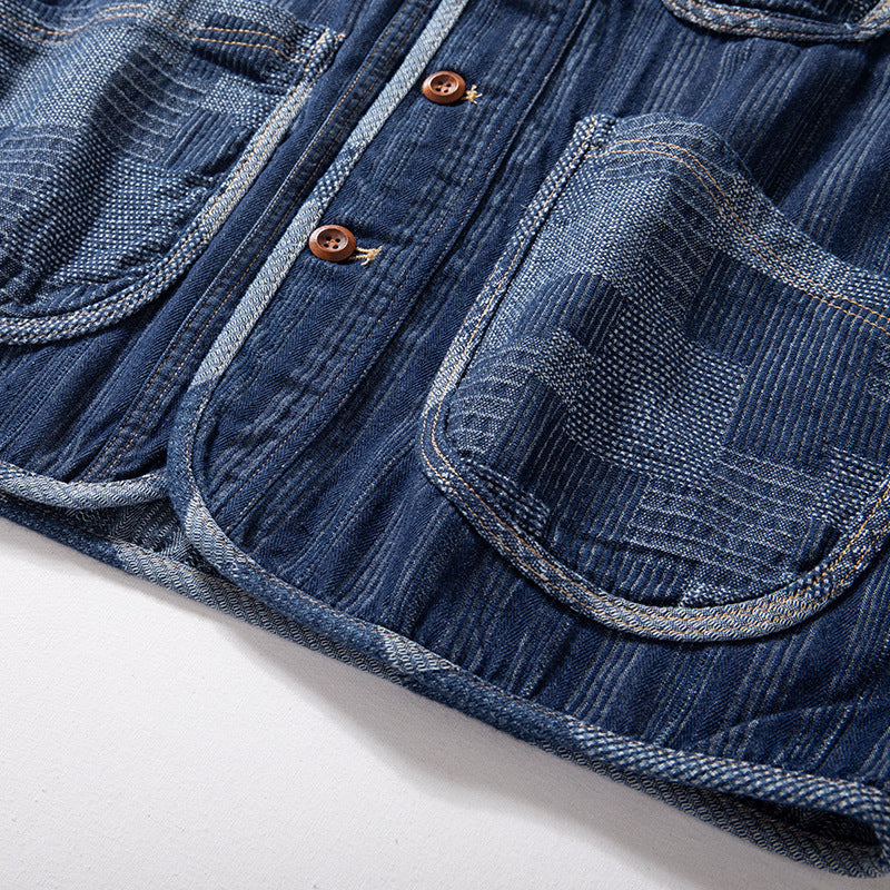 Mens Retro Patchwork Color-Block Denim VestChesnut