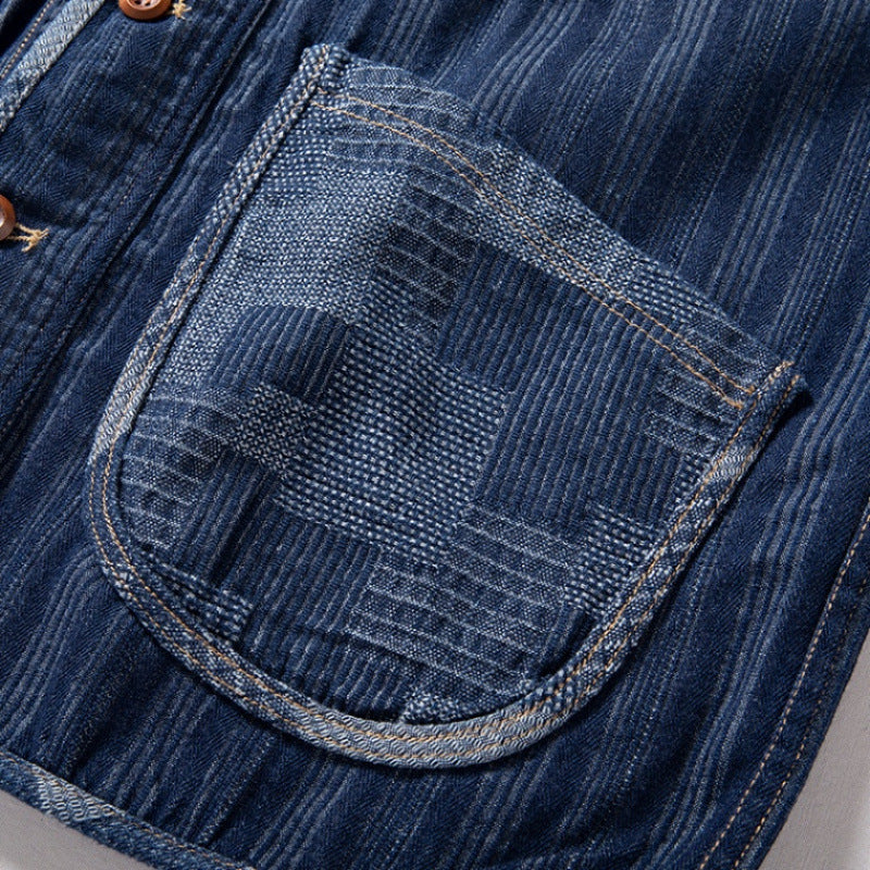Mens Retro Patchwork Color-Block Denim VestChesnut