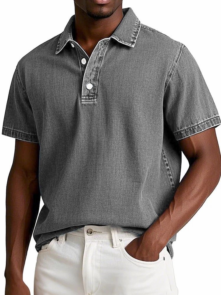 Stylish Solid-color Vintage Short-sleeve Lapel Polo Shirt For Men Summer Casual Business T-shirt