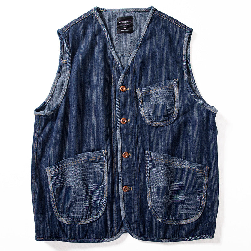 Mens Retro Patchwork Color-Block Denim VestChesnut