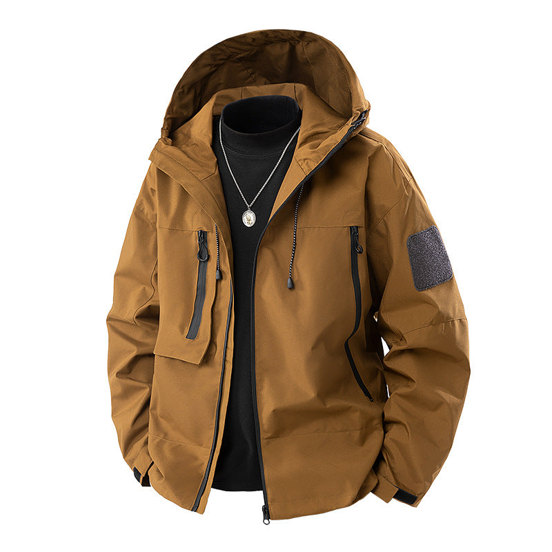 Men's Korean-style Slim-fit Hooded Shoulder Patch Outdoor Jacket