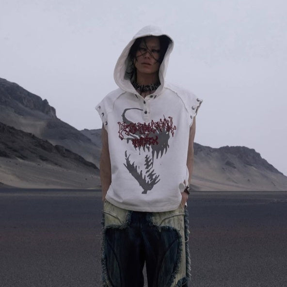 Pentagram Button Hooded Sleeveless Hoodie