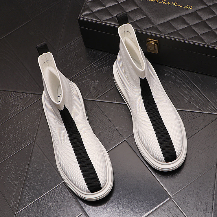 Knitted Men's White Shoes With Thick Soles