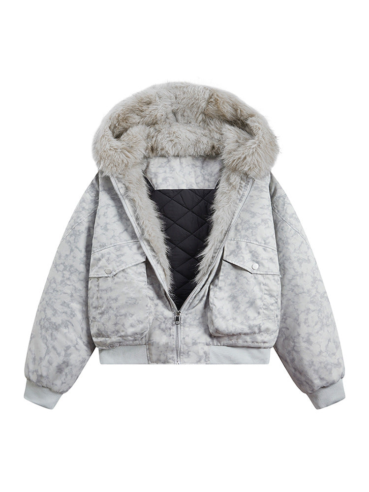 Lapel-hooded Loose-fitting Casual Quilted Coat With A Fur Collar