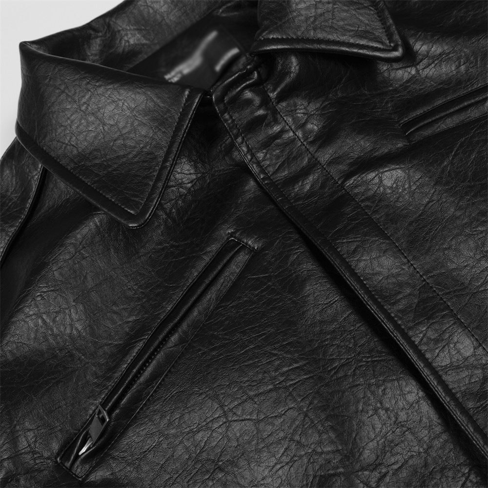 Outdoor Casual Solid-color Lapel Leather Jacket