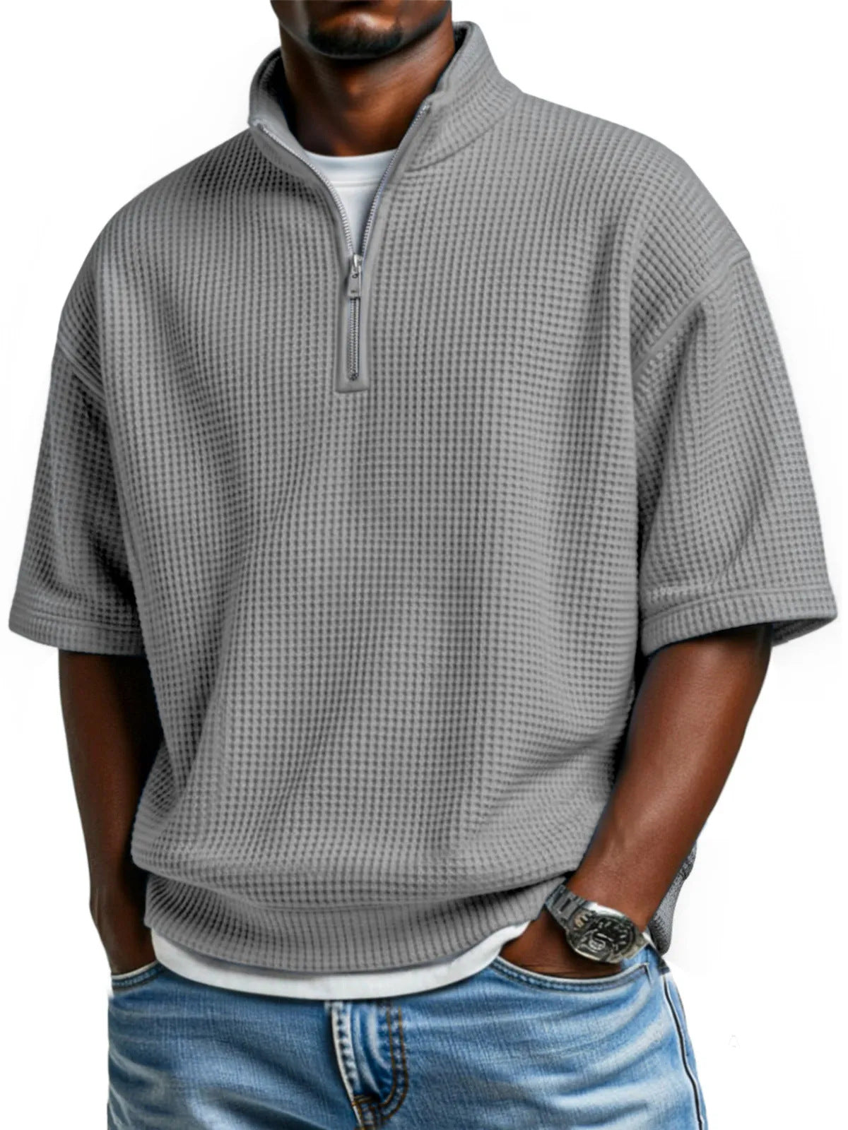 Waffle-knit Short-sleeve Polo Shirt For Men Loose-fitting Half-zip T-shirt