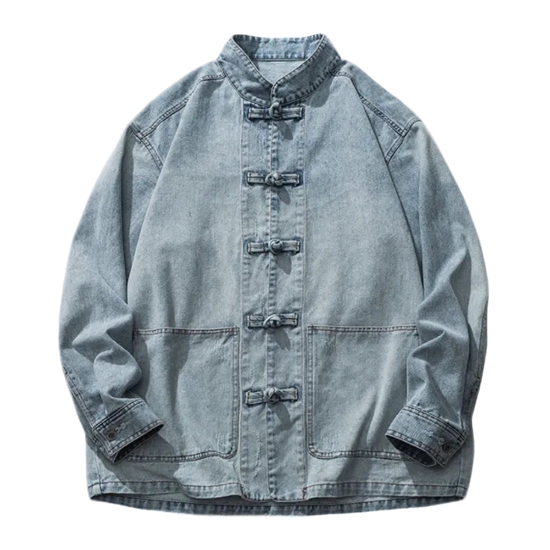 Retro Frog-Button Denim Shirt Unisex Stand-Up Collar Casual Jacket