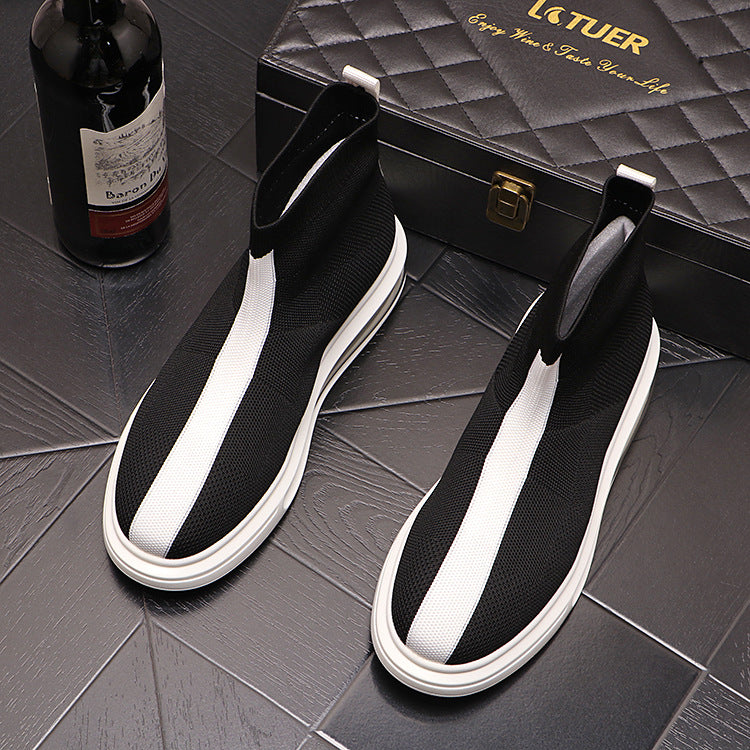 Knitted Men's White Shoes With Thick Soles