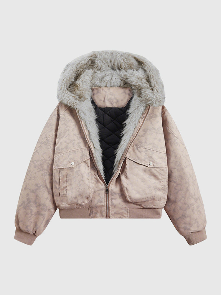 Lapel-hooded Loose-fitting Casual Quilted Coat With A Fur Collar