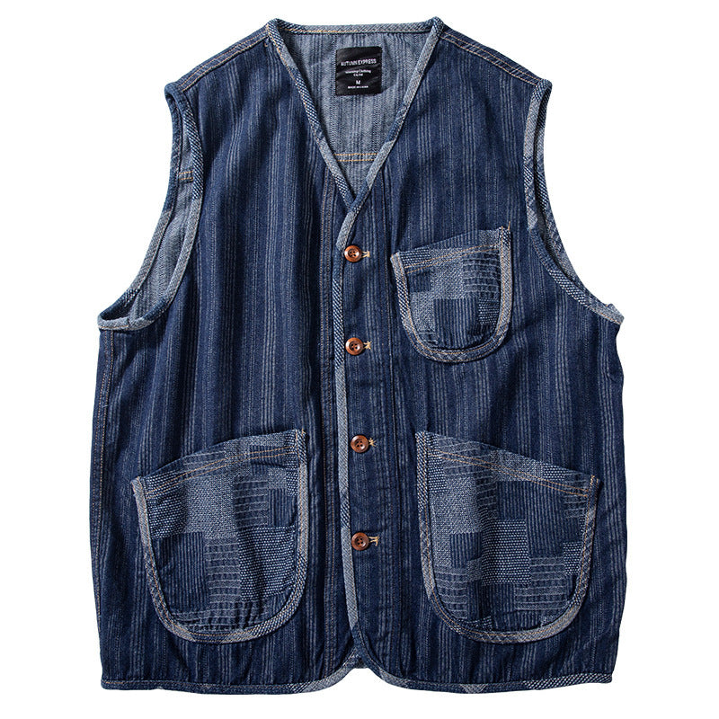 Mens Retro Patchwork Color-Block Denim VestChesnut