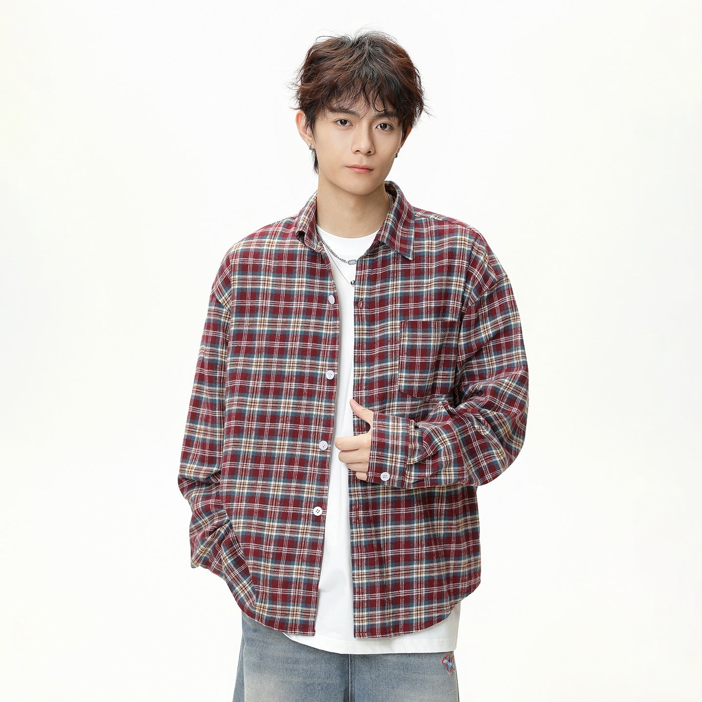 Mens American-Style Retro Color-Block Plaid Long-Sleeve Shirt