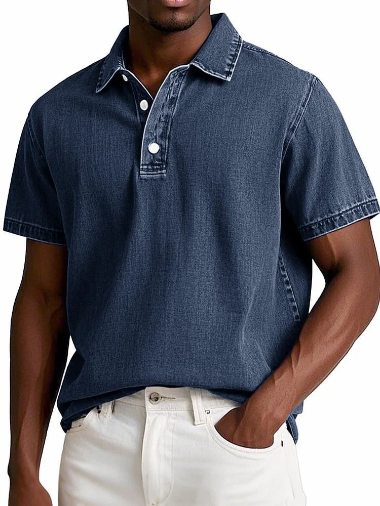 Stylish Solid-color Vintage Short-sleeve Lapel Polo Shirt For Men Summer Casual Business T-shirt