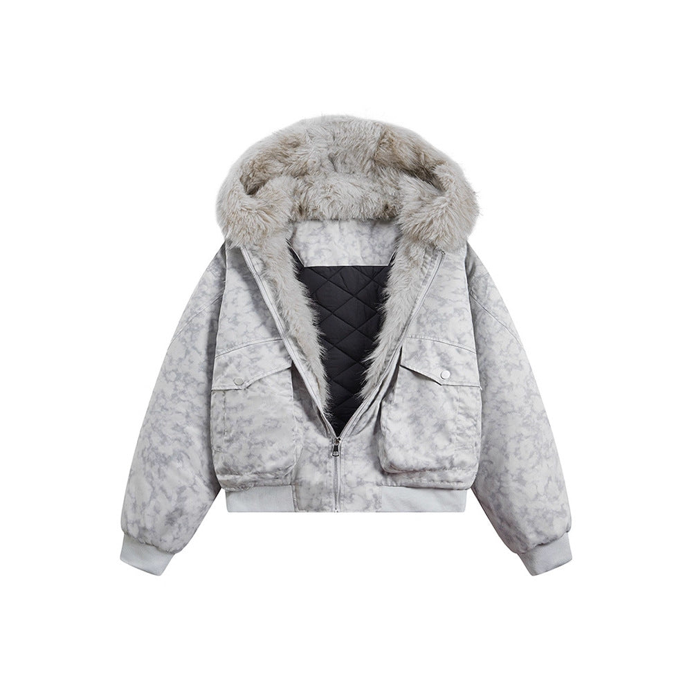 Lapel-hooded Loose-fitting Casual Quilted Coat With A Fur Collar