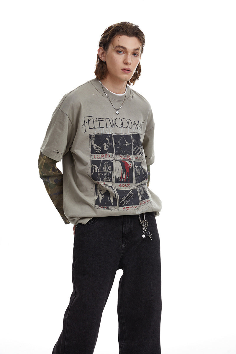 Retro Camouflage Faux Two-piece Long Sleeve T-shirt Top