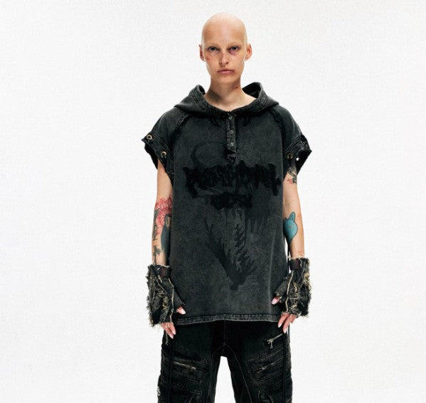 Pentagram Button Hooded Sleeveless Hoodie