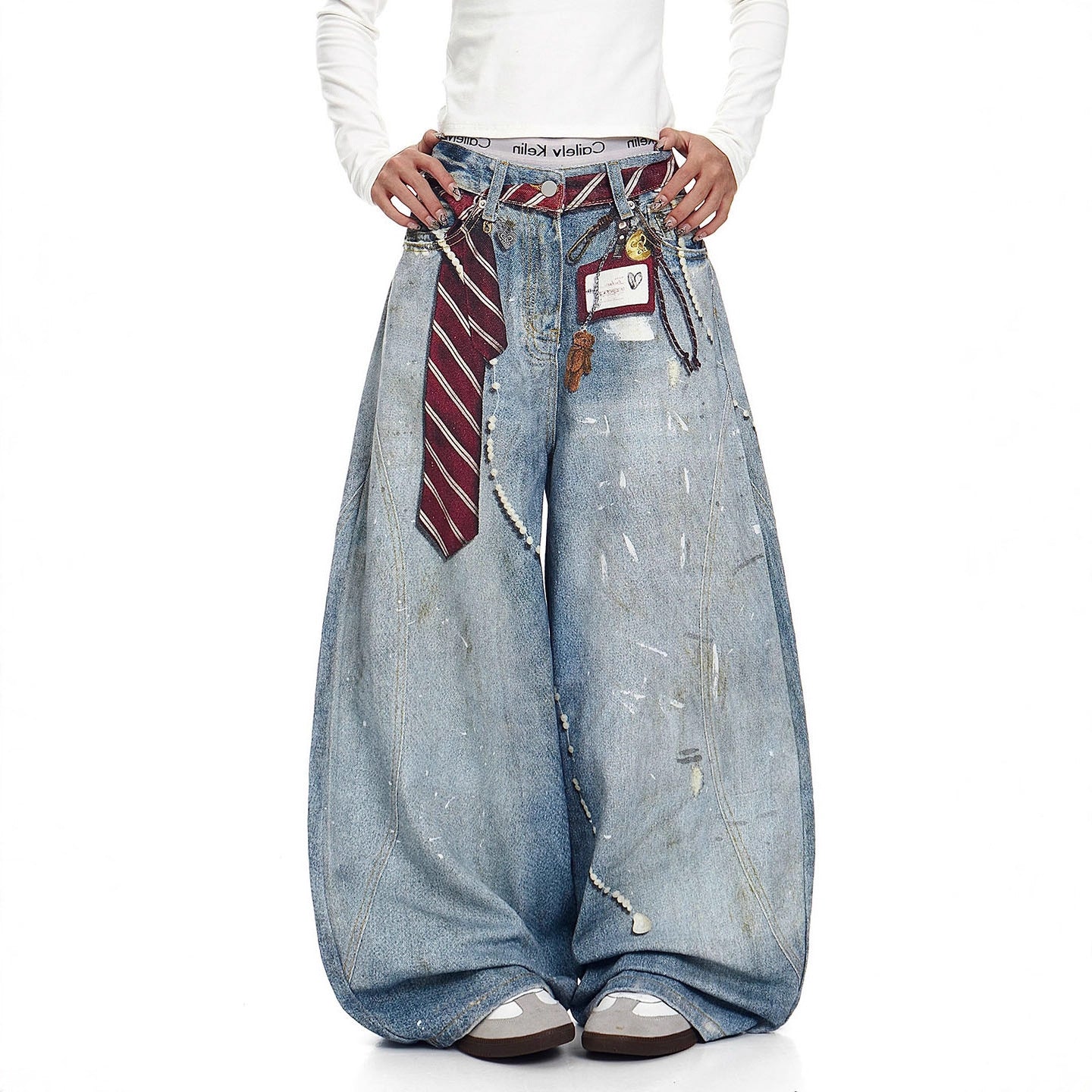 Mens Loose Casual Retro Tie-Dye Print Bootcut Jeans