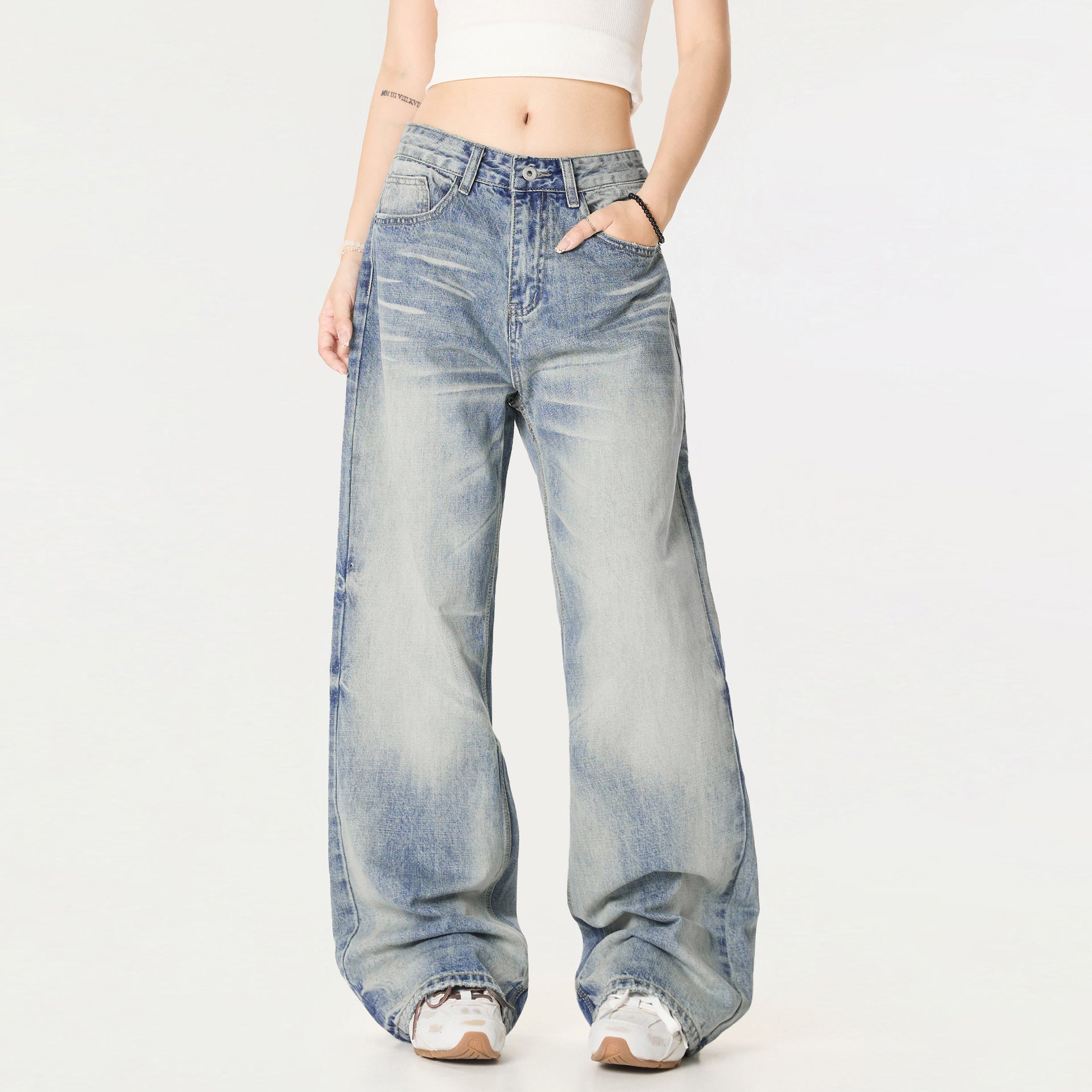 Retro Distressed Wide-leg Unisex American High-street Straight-leg Casual Trousers