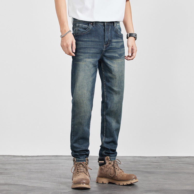 Mens Retro Yellow-Clay Blue Versatile Straight-Cut Casual Long Pants