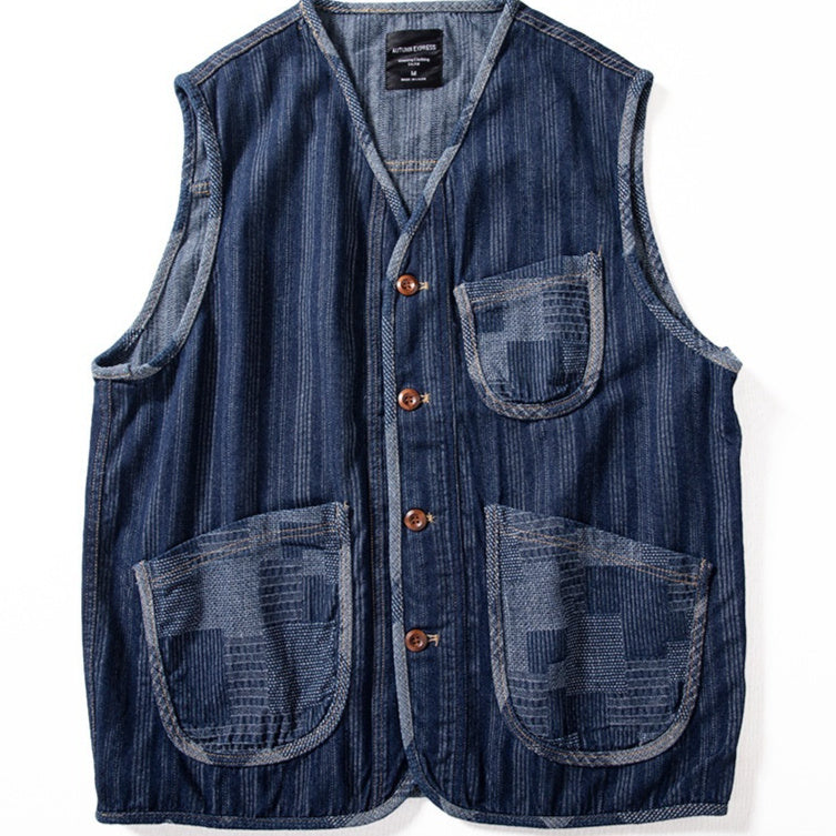 Mens Retro Patchwork Color-Block Denim VestChesnut