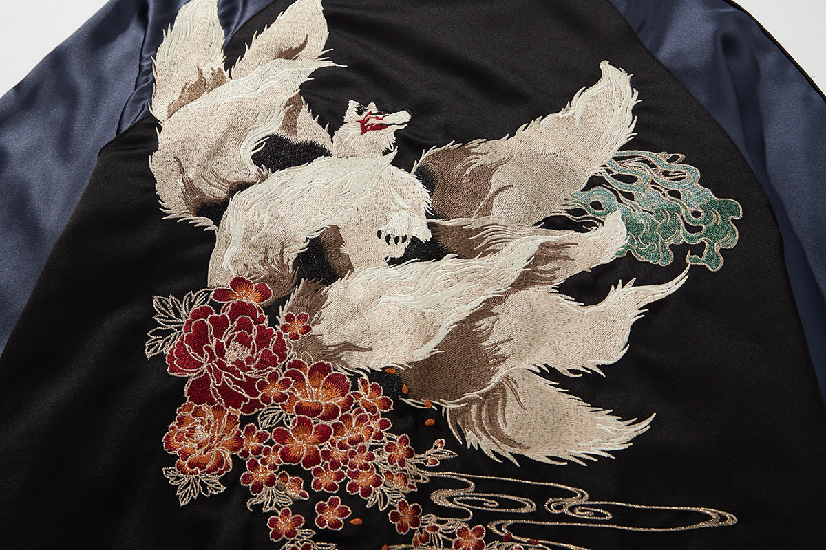 Heavy Duty Embroidered Nine Tailed Fox Mens Casual Baseball Jacket