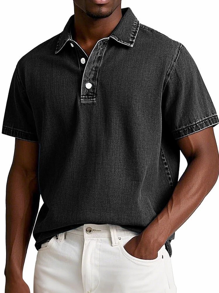 Stylish Solid-color Vintage Short-sleeve Lapel Polo Shirt For Men Summer Casual Business T-shirt