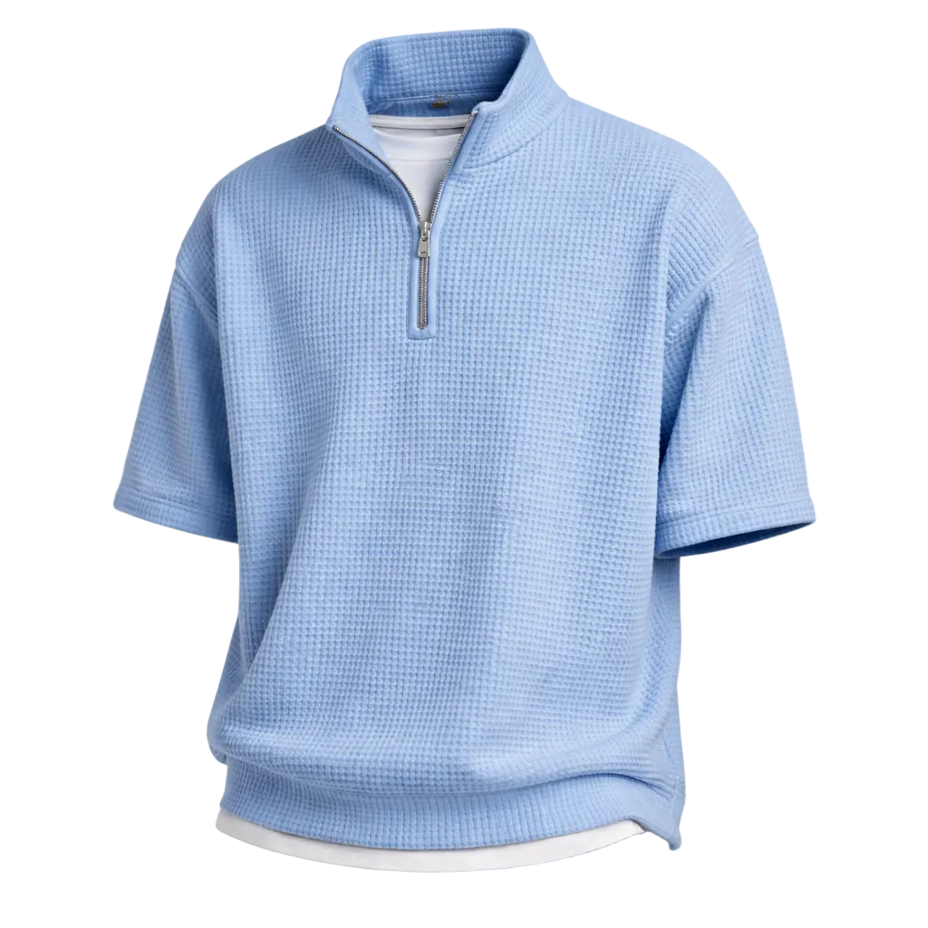 Waffle-knit Short-sleeve Polo Shirt For Men Loose-fitting Half-zip T-shirt