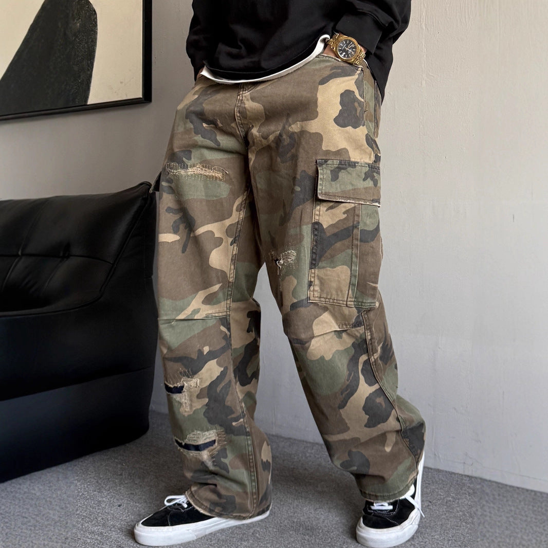 Retro Patchwork Ripped Bootcut Jeans With Large Pockets From A Trendy Streetwear Brand