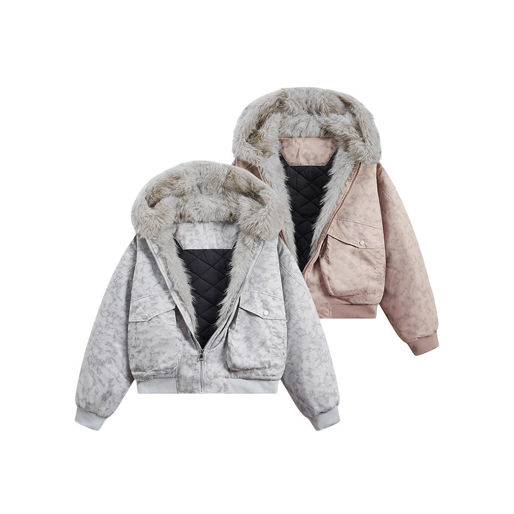 Lapel-hooded Loose-fitting Casual Quilted Coat With A Fur Collar