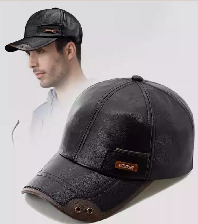 Winter Warm Windproof Snowproof Leather Fleece-lined Baseball Cap