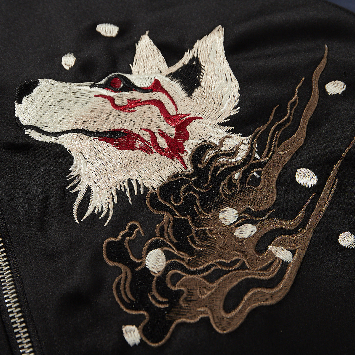Heavy Duty Embroidered Nine Tailed Fox Mens Casual Baseball Jacket