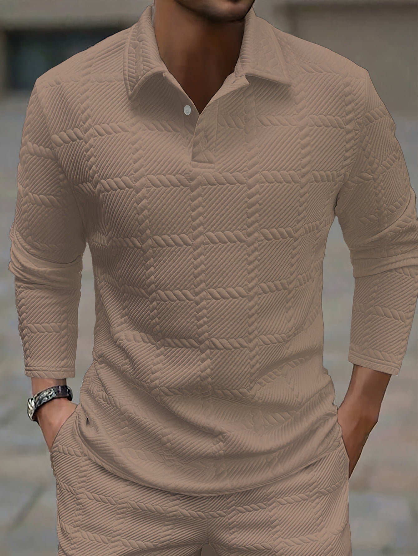 Mens Solid-Color Lapel Front-Button Long-Sleeve Polo Shirt