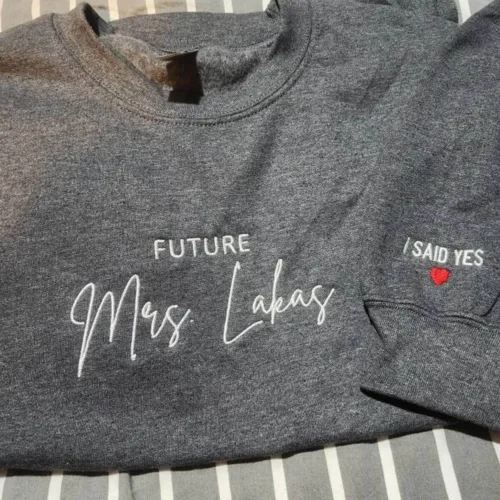 Personalized Future Mrs Sweatshirt Embroidered with Anniversary Date Text Name Initial Heart on Sleeve - Image 7