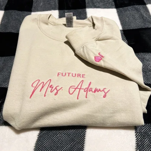 Personalized Future Mrs Sweatshirt Embroidered with Anniversary Date Text Name Initial Heart on Sleeve - Image 6