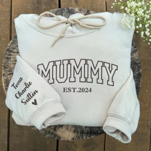 Mummy Hoodie or Sweatshirt with Embroidered Kids Names on Sleeve