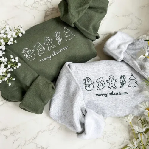 Embroidered Merry Christmas Sweatshirt, Embroidered Christmas Crewneck Sweatshirt