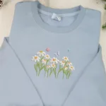 Daisies and Butterfly Embroidery Sweatshirt, Embroidered Christmas Crewneck Sweatshirt