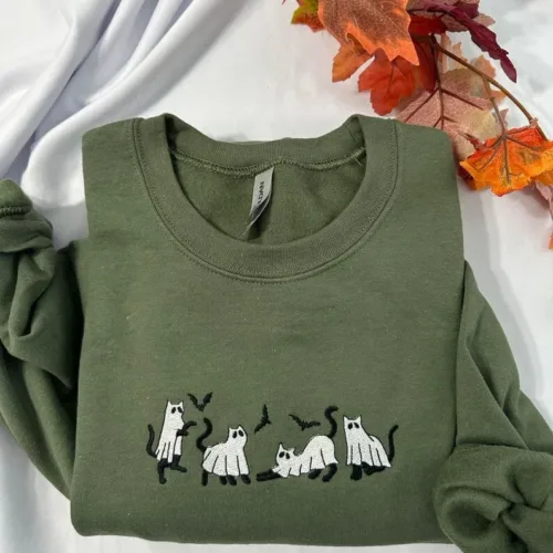 Ghost Cat Halloween embroidered sweatshirt